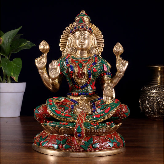 Pure Brass Goddess Lakshmi Idol – Intricate Floral Stonework 9 Inch - Budhshiv.com