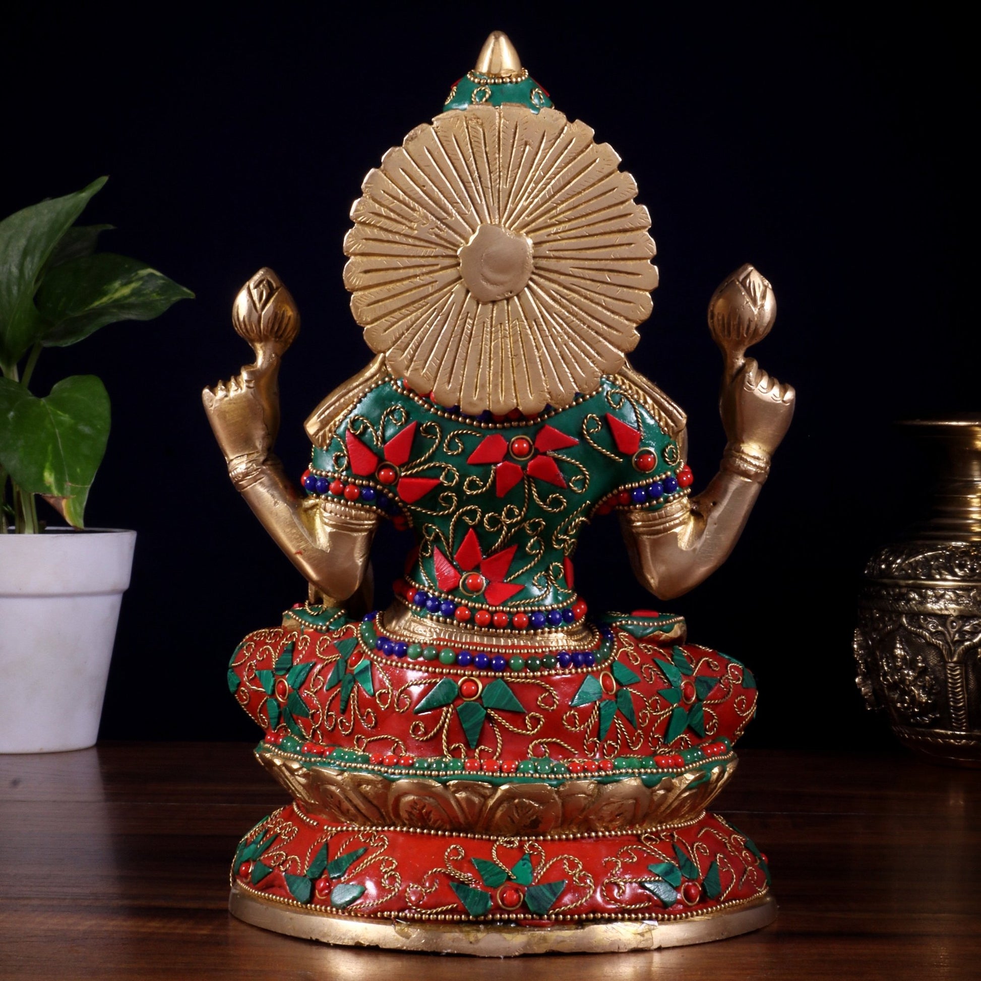 Pure Brass Goddess Lakshmi Idol – Intricate Floral Stonework 9 Inch - Budhshiv.com