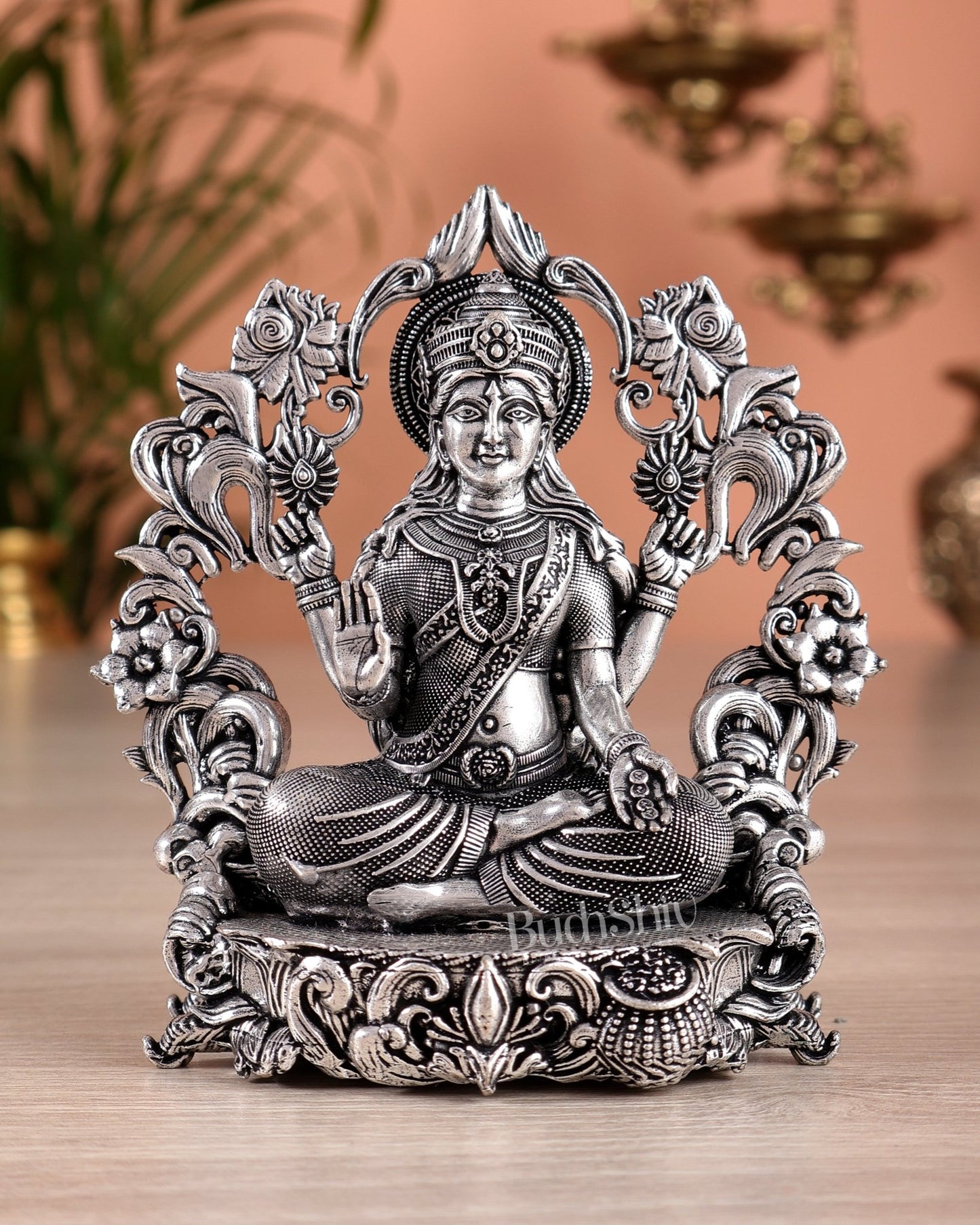 Pure Brass Goddess Lakshmi Idol silver plated – 4” superfine - Budhshiv.com