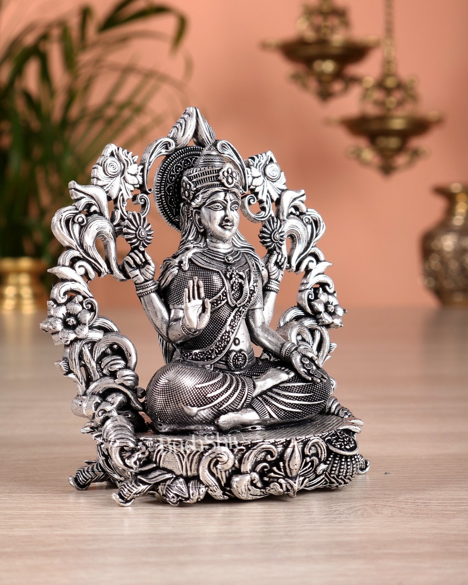 Pure Brass Goddess Lakshmi Idol silver plated – 4” superfine - Budhshiv.com