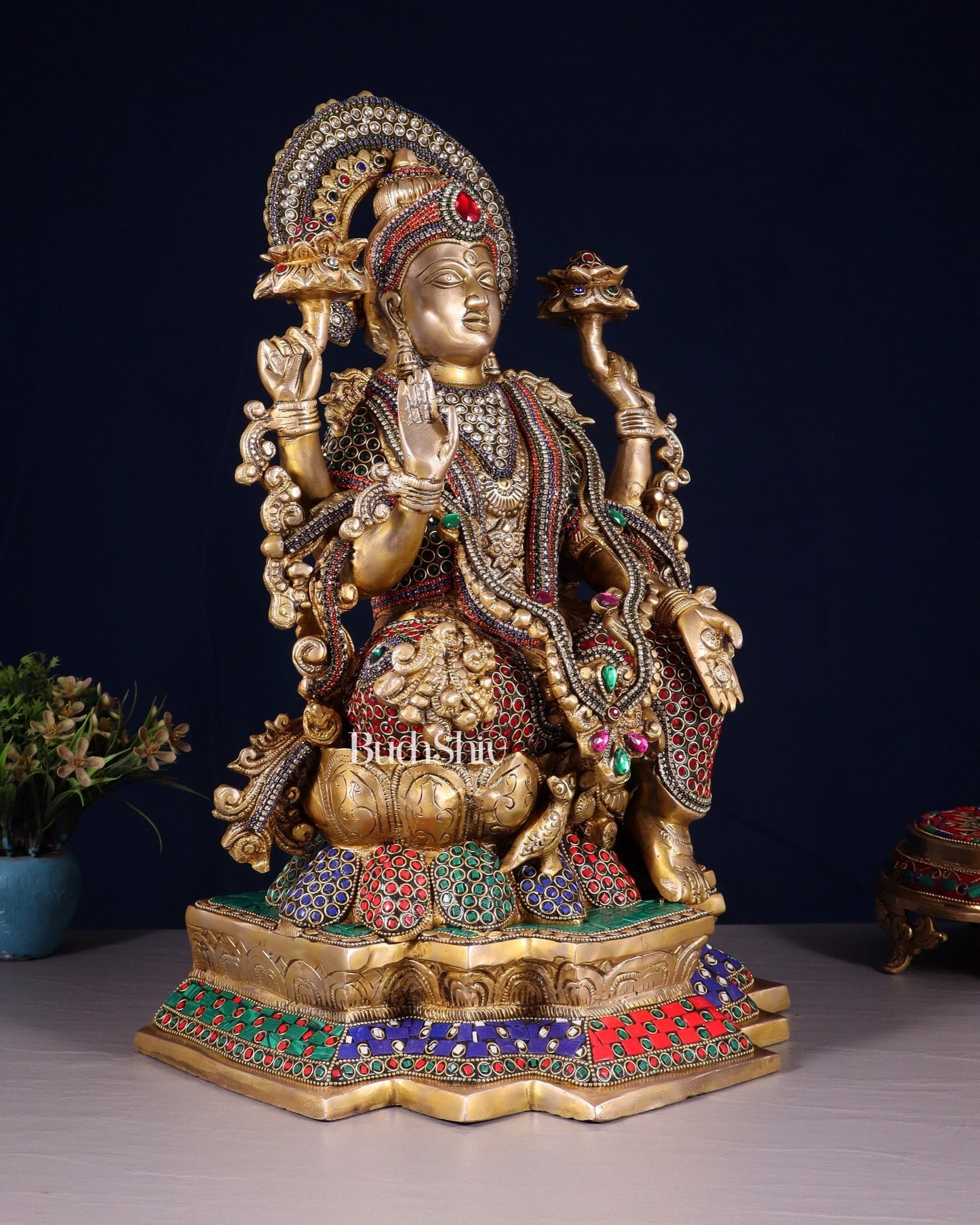 Pure Brass Goddess Lakshmi Idol with Jewellers Meenakari 18" - Budhshiv.com
