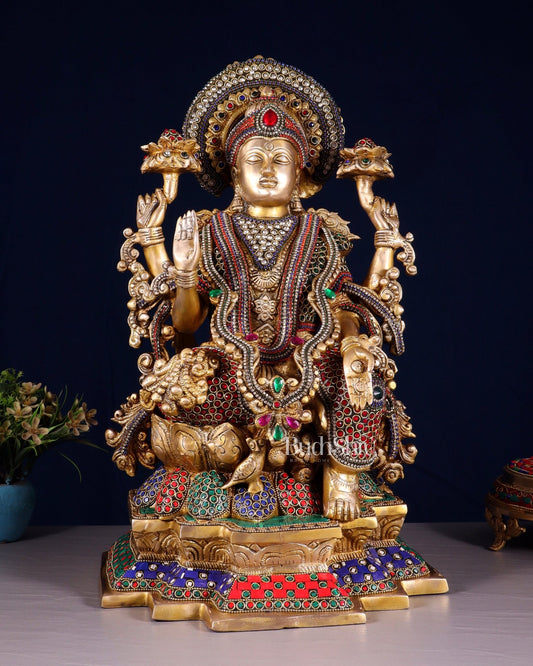 Pure Brass Goddess Lakshmi Idol with Jewellers Meenakari 18" - Budhshiv.com