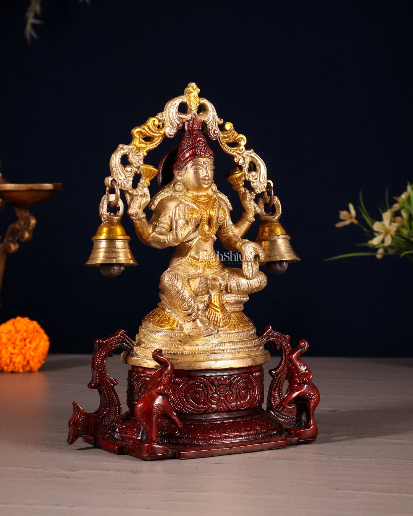 Pure Brass Goddess Lakshmi Idol with Prabhavali 8.2" - Budhshiv.com