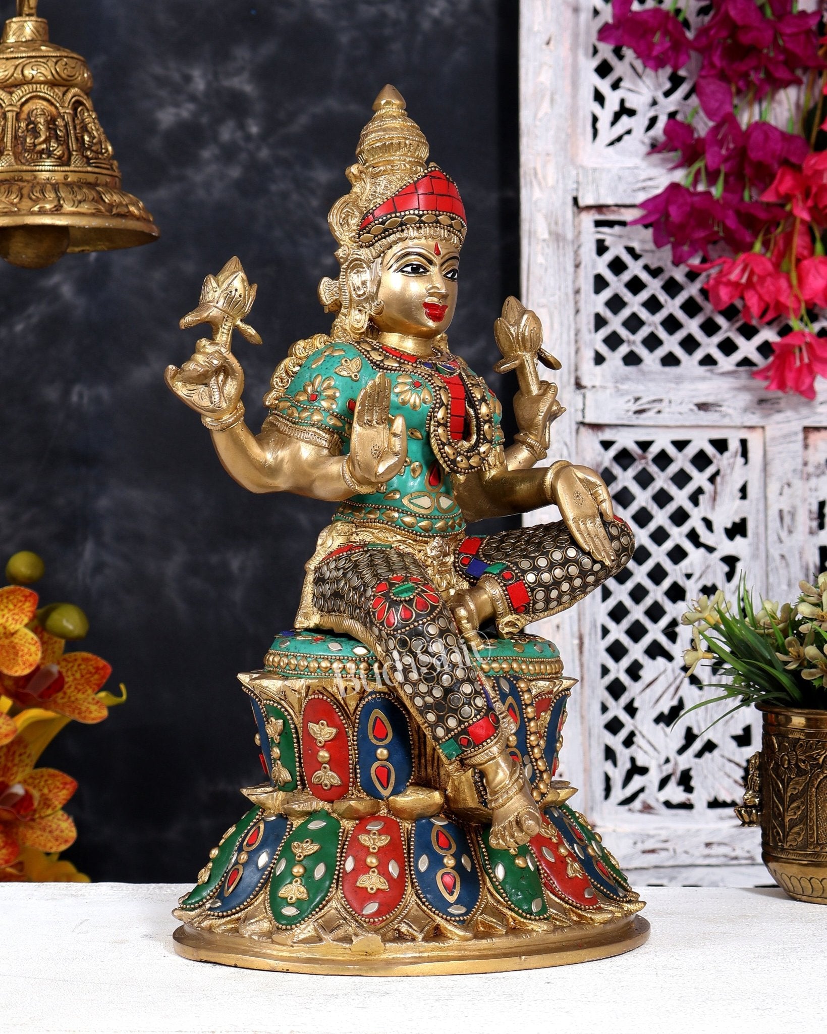 Pure Brass Goddess Lakshmi Statue - 14.5" with meenakari - Budhshiv.com
