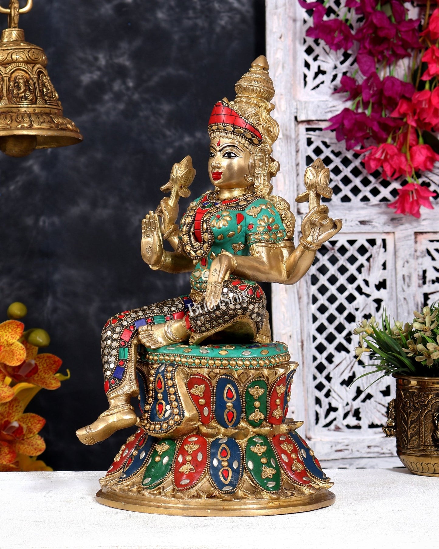Pure Brass Goddess Lakshmi Statue - 14.5" with meenakari - Budhshiv.com