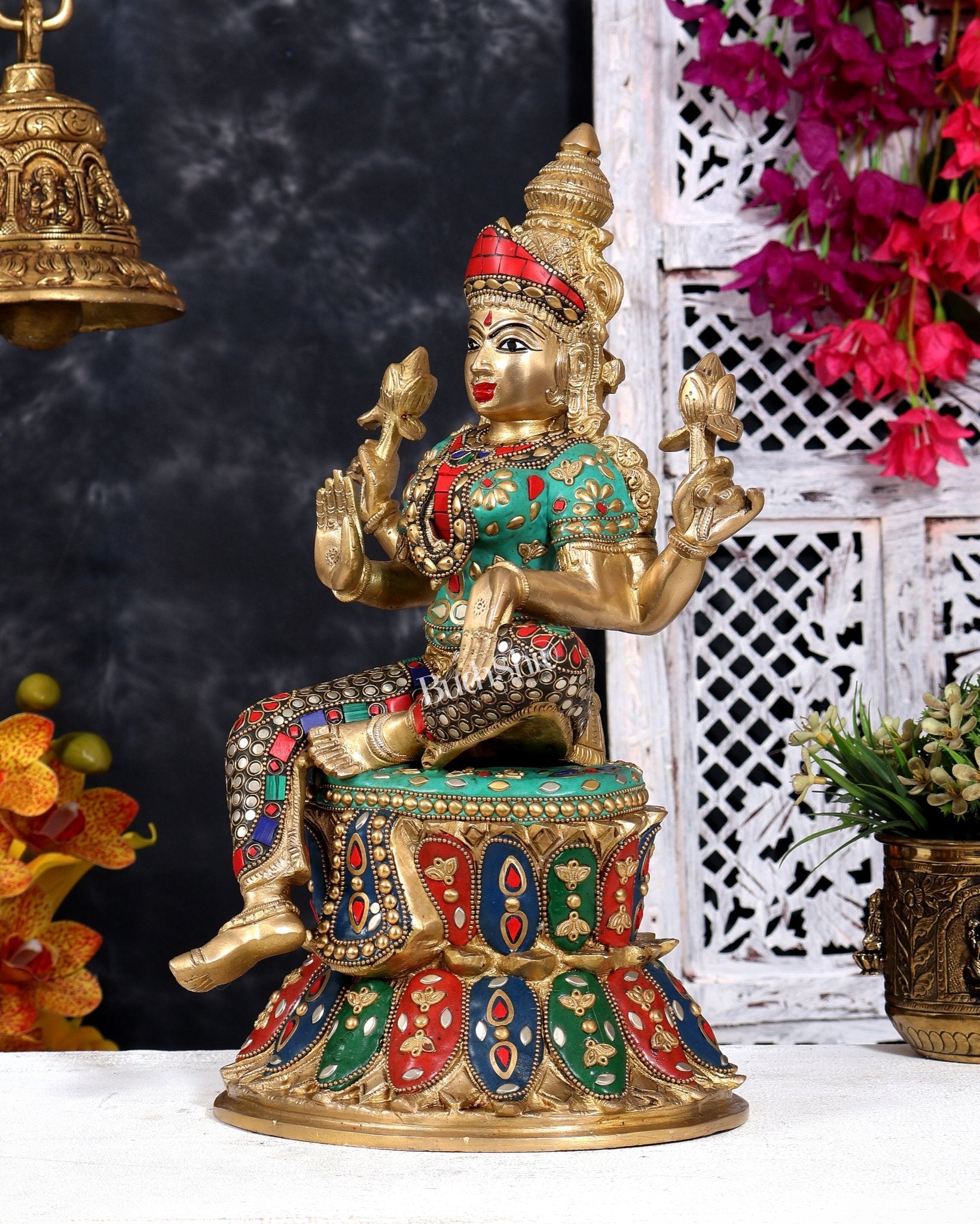 Pure Brass Goddess Lakshmi Statue - 14.5" with meenakari - Budhshiv.com