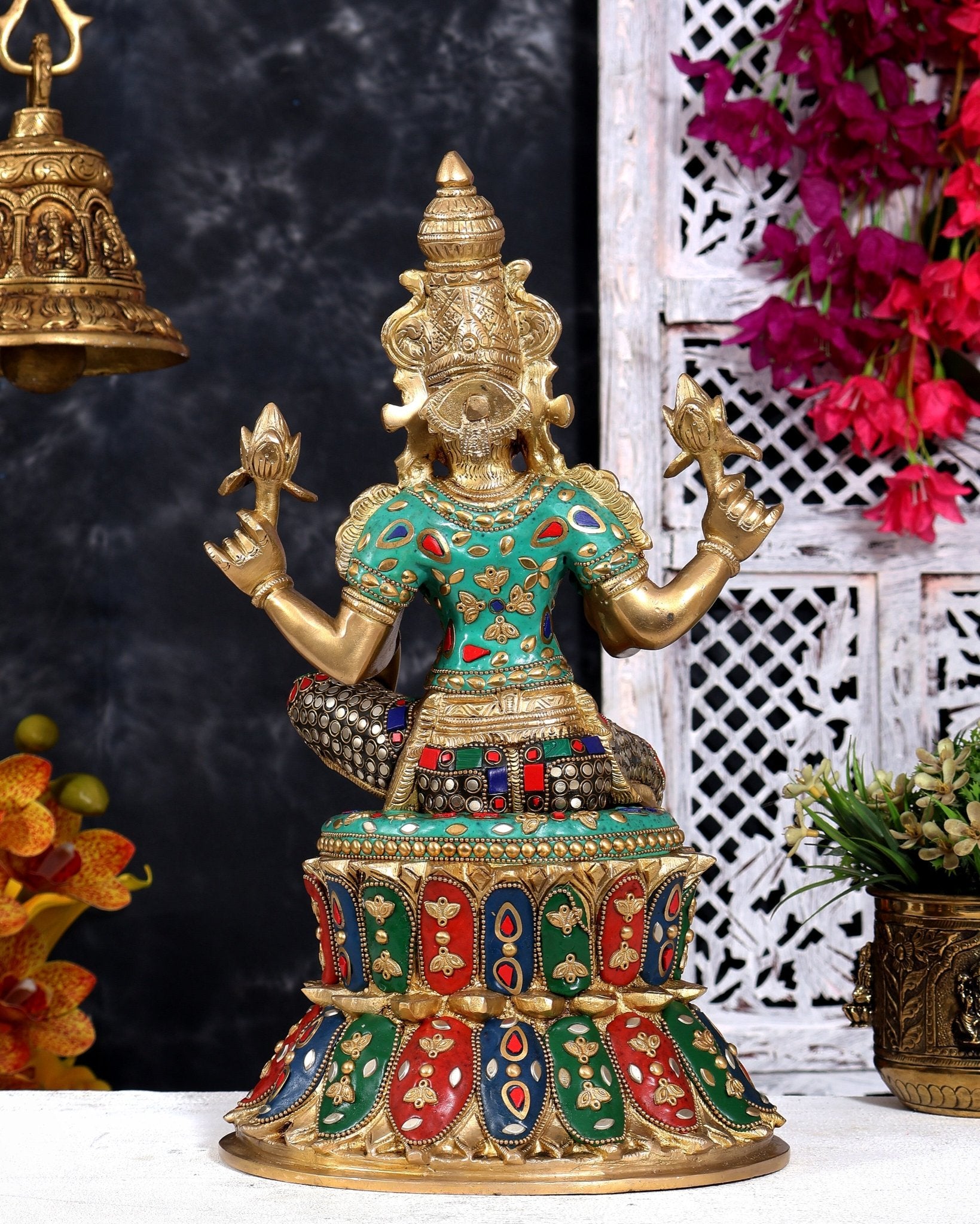 Pure Brass Goddess Lakshmi Statue - 14.5" with meenakari - Budhshiv.com