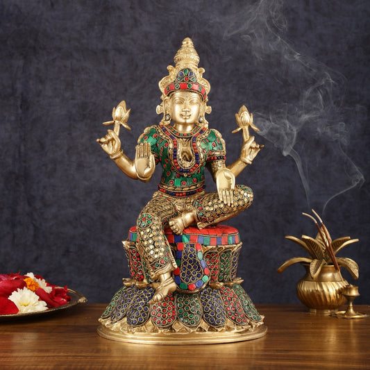 Pure Brass Goddess Lakshmi Statue - 14.5" - Budhshiv.com
