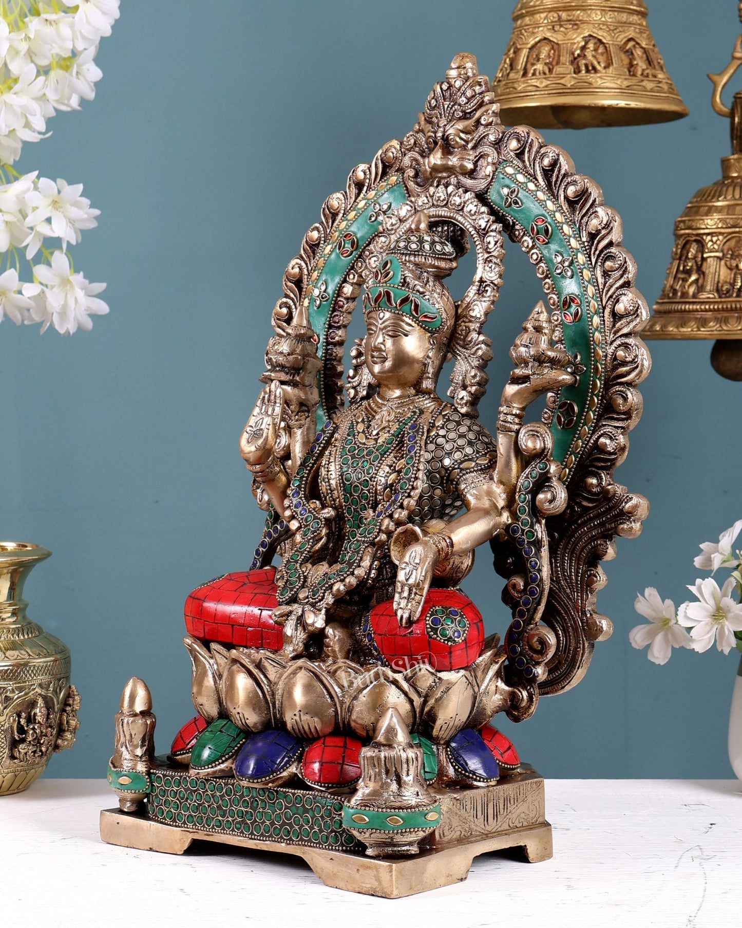 Pure Brass Goddess Lakshmi Statue - 18" with stonework - Budhshiv.com