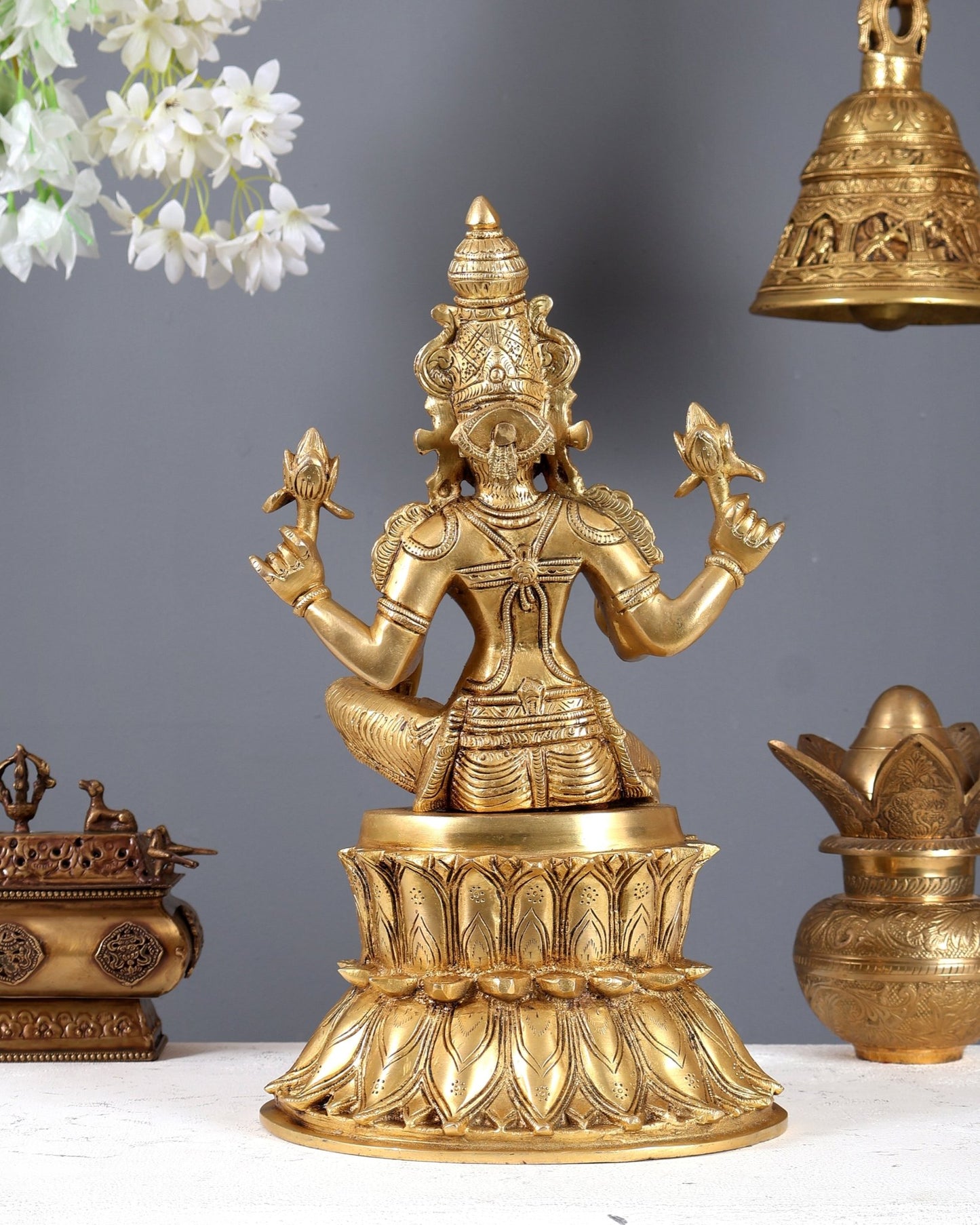 Pure Brass Goddess Lakshmi Statue on lotus 15" - Budhshiv.com