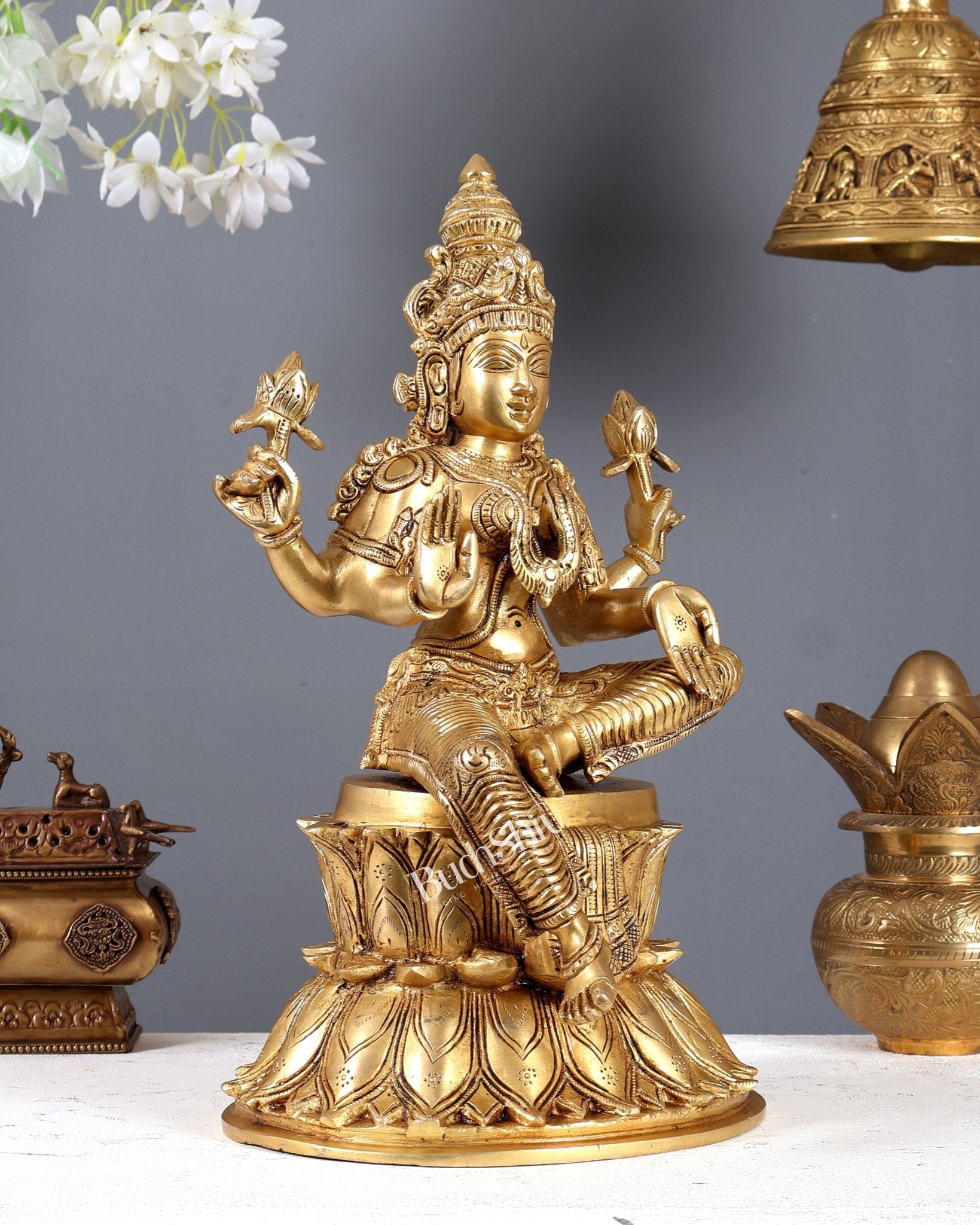 Pure Brass Goddess Lakshmi Statue on lotus 15" - Budhshiv.com