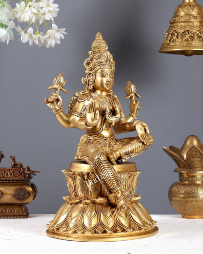 Pure Brass Goddess Lakshmi Statue on lotus 15" - Budhshiv.com