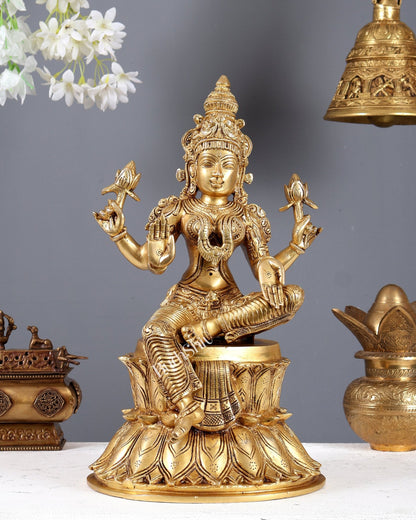 Pure Brass Goddess Lakshmi Statue on lotus 15" - Budhshiv.com