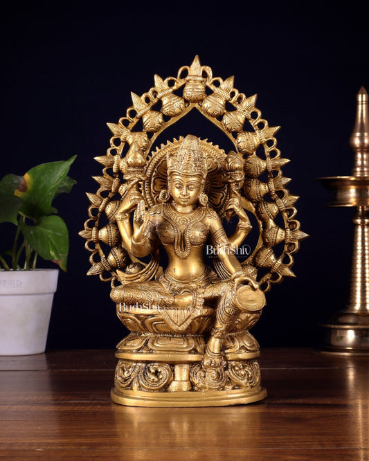 Pure Brass Goddess Lakshmi Statue with Prabhavali – 10.5 Inch - Budhshiv.com