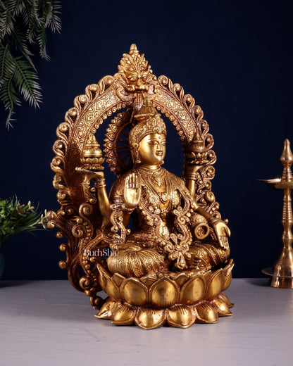 Pure Brass Goddess Lakshmi with Prabhavali Arch Statue - 15" - Budhshiv.com