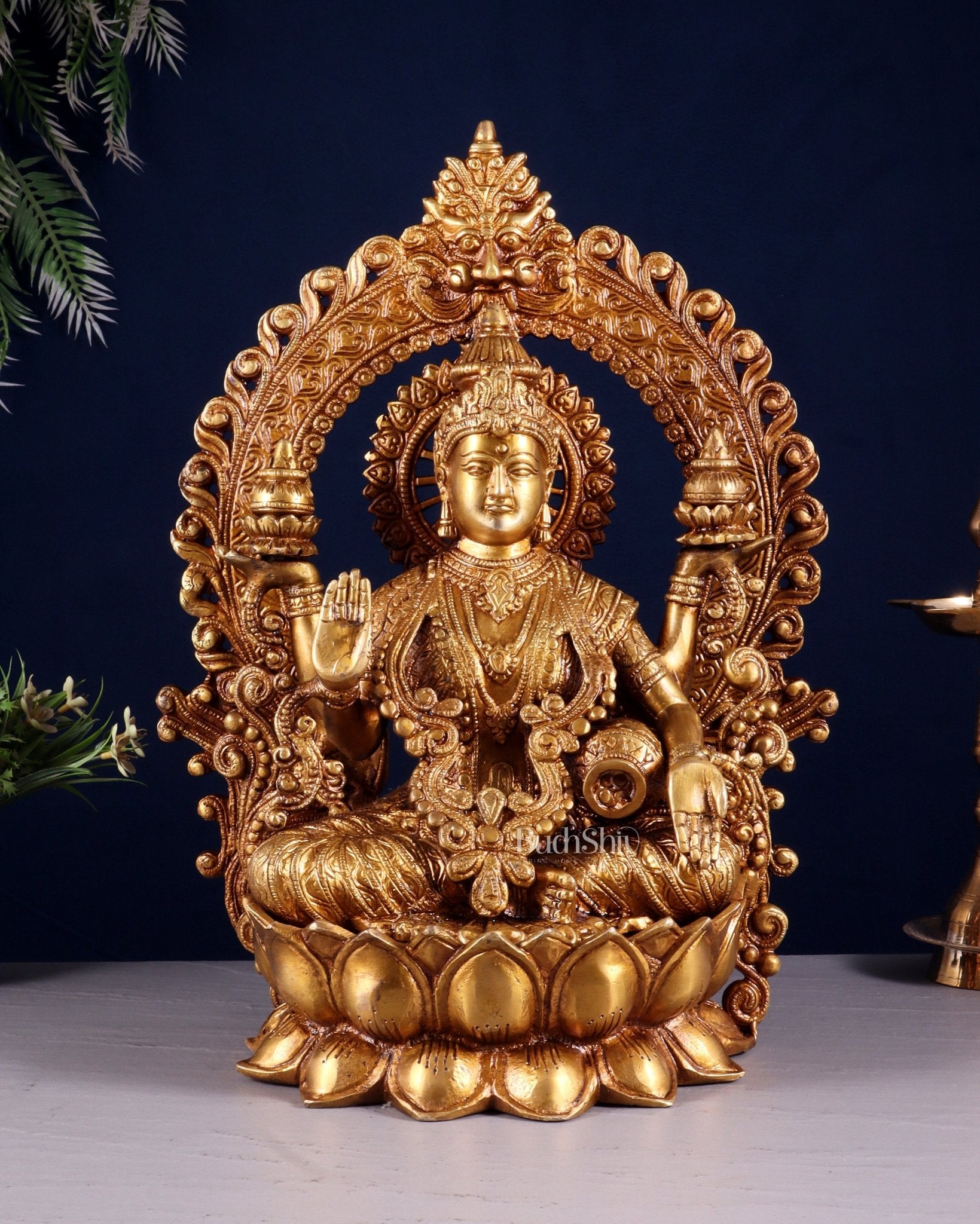 Pure Brass Goddess Lakshmi with Prabhavali Arch Statue - 15" - Budhshiv.com