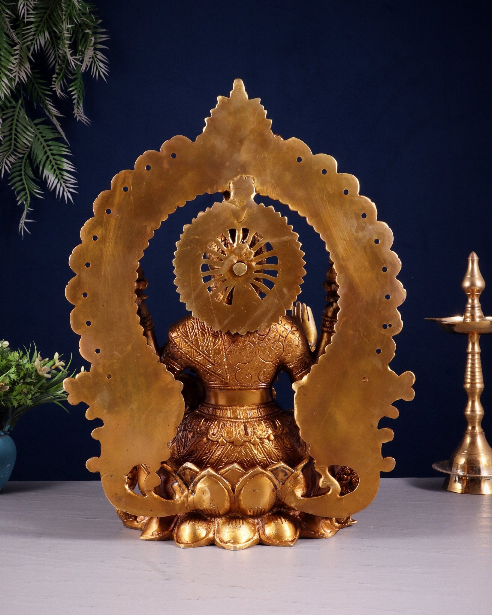 Pure Brass Goddess Lakshmi with Prabhavali Arch Statue - 15" - Budhshiv.com