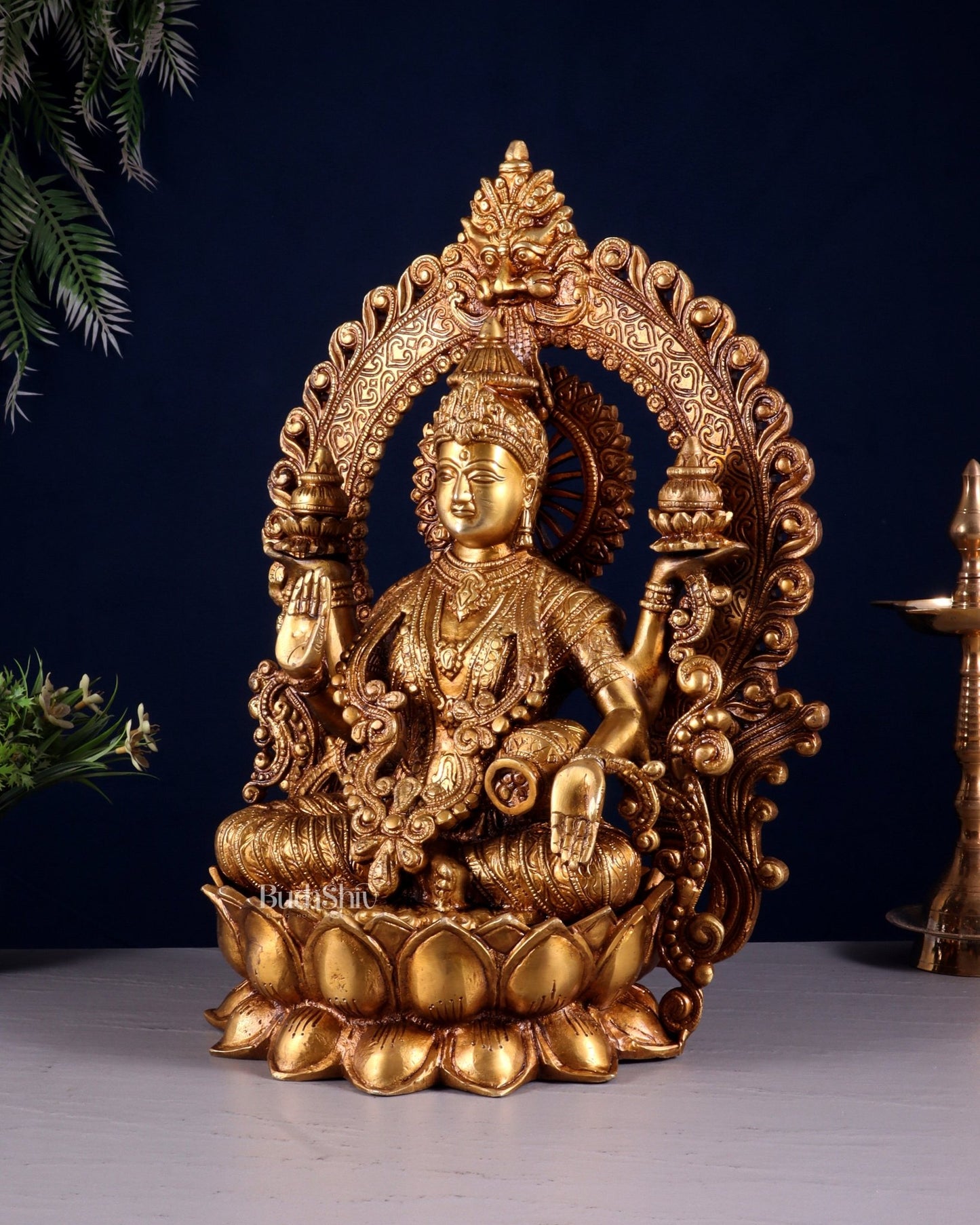 Pure Brass Goddess Lakshmi with Prabhavali Arch Statue - 15" - Budhshiv.com