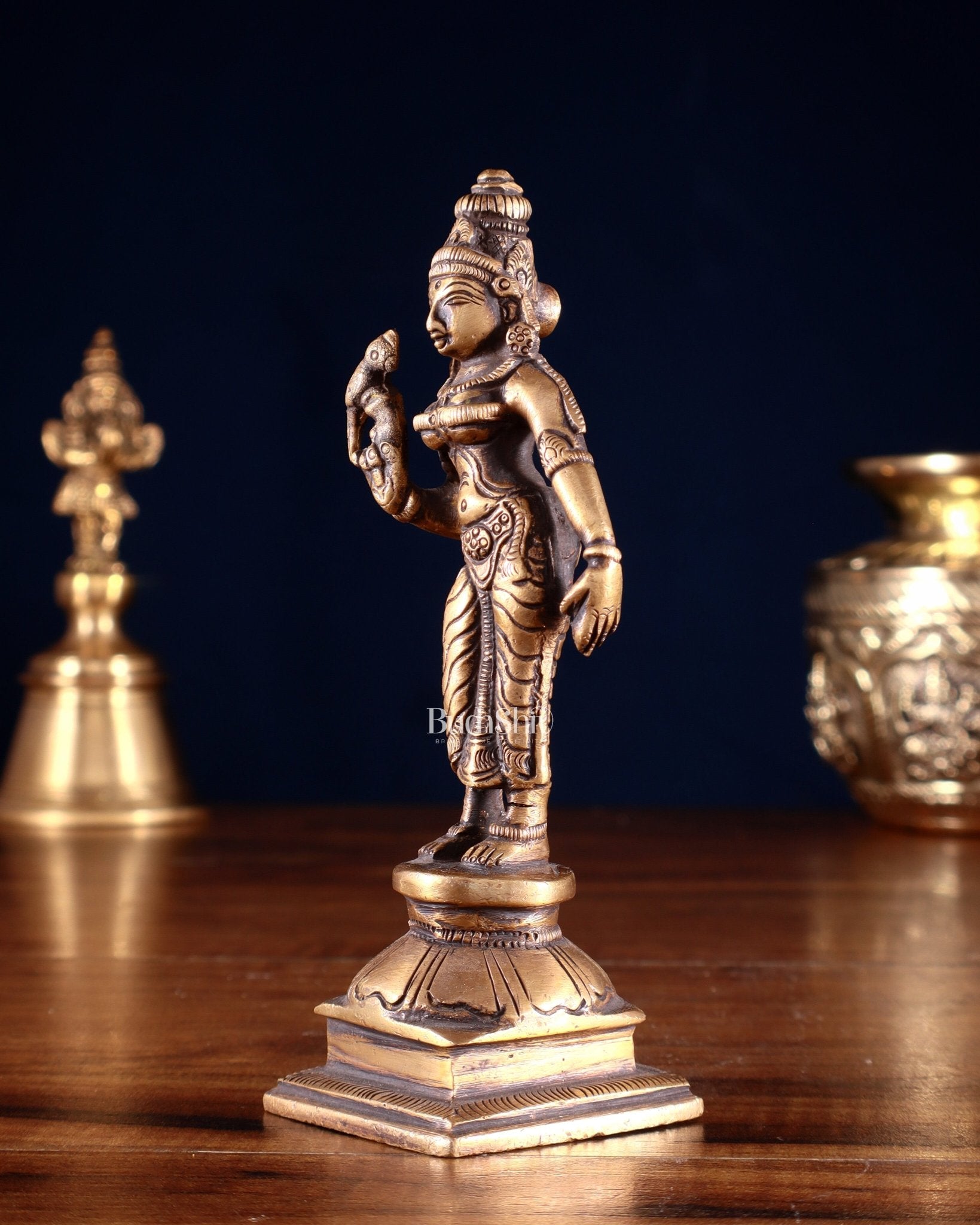Pure Brass Goddess Meenakshi Idol 6" antique finish - Budhshiv.com