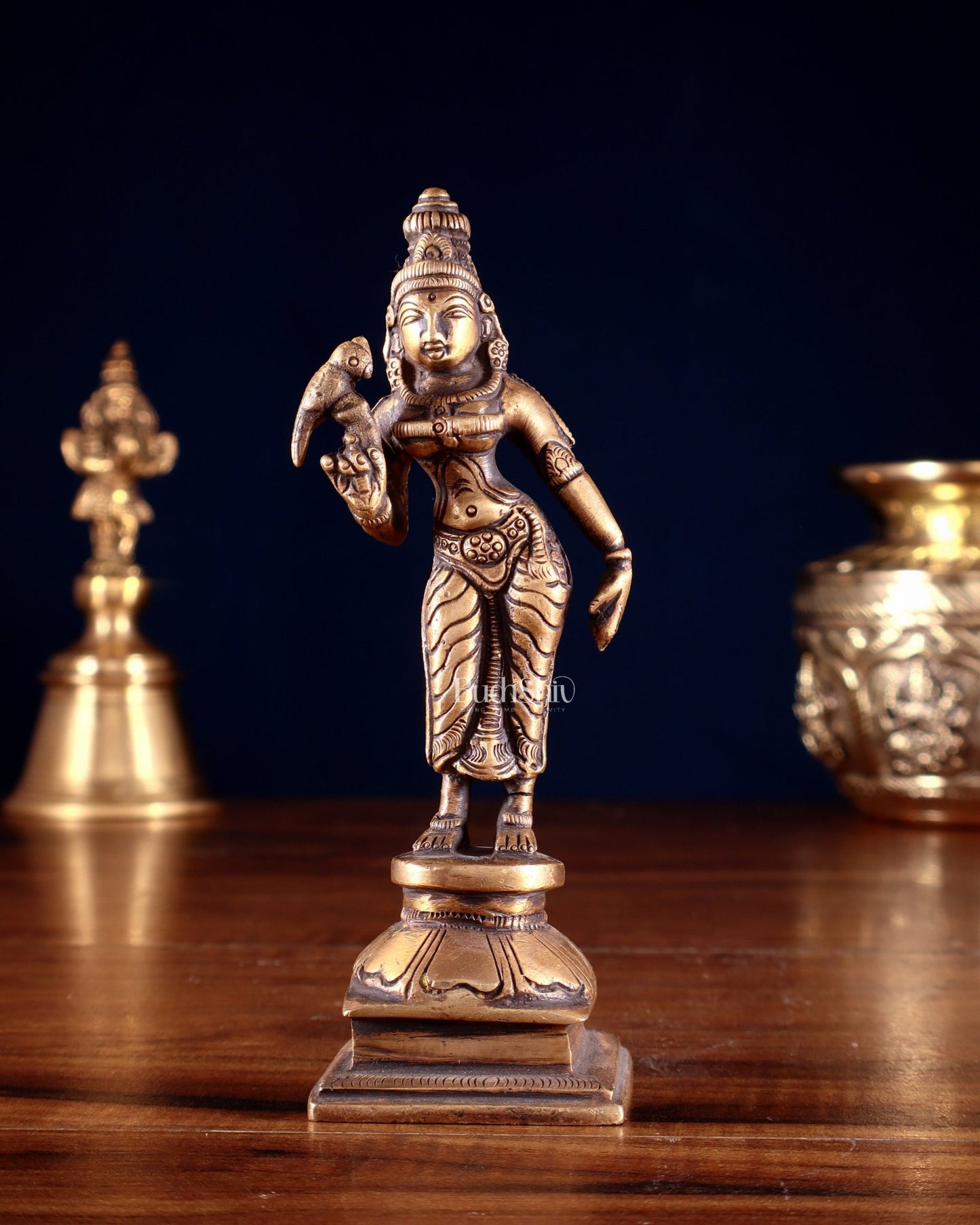 Pure Brass Goddess Meenakshi Idol 6" antique finish - Budhshiv.com