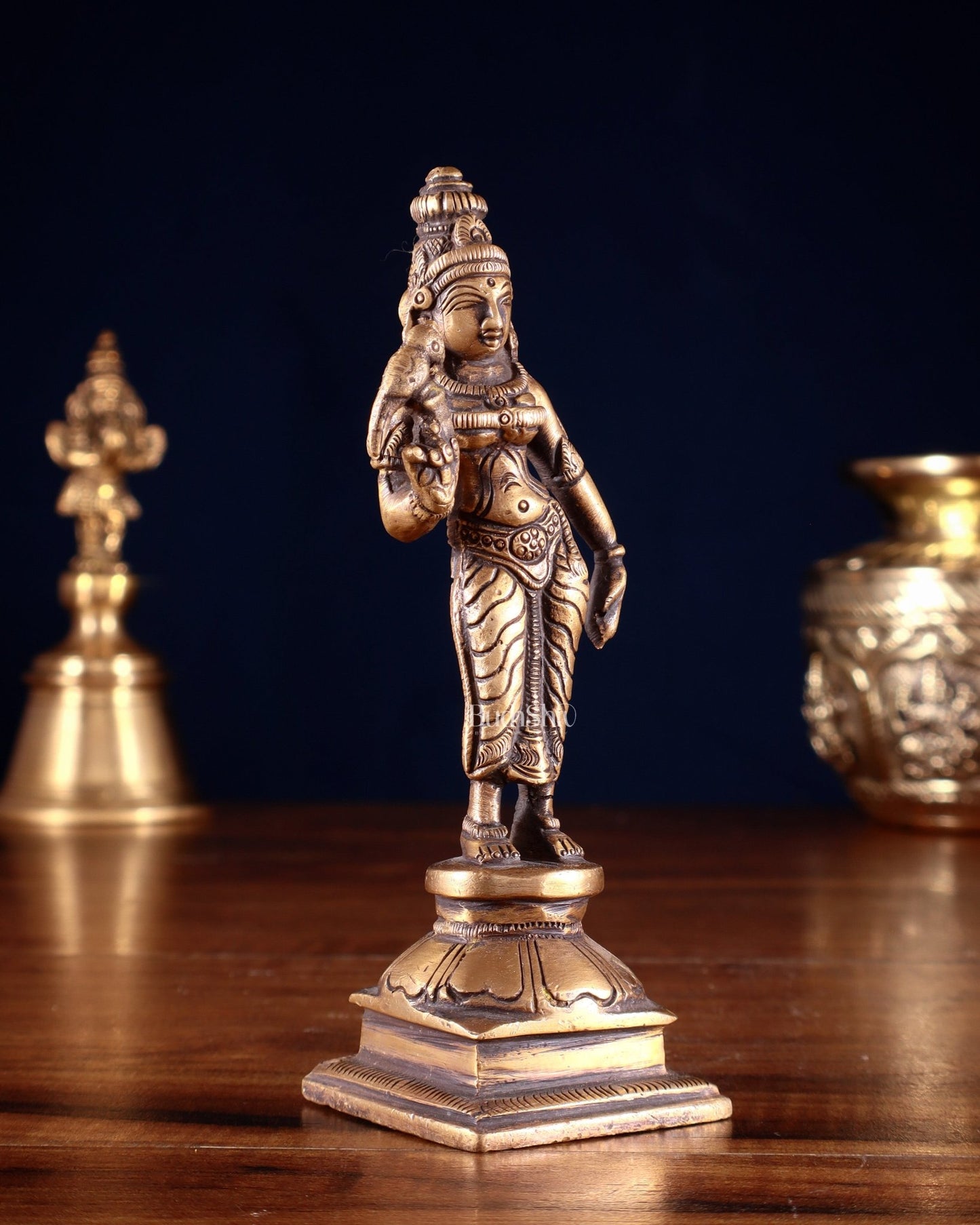 Pure Brass Goddess Meenakshi Idol 6" antique finish - Budhshiv.com