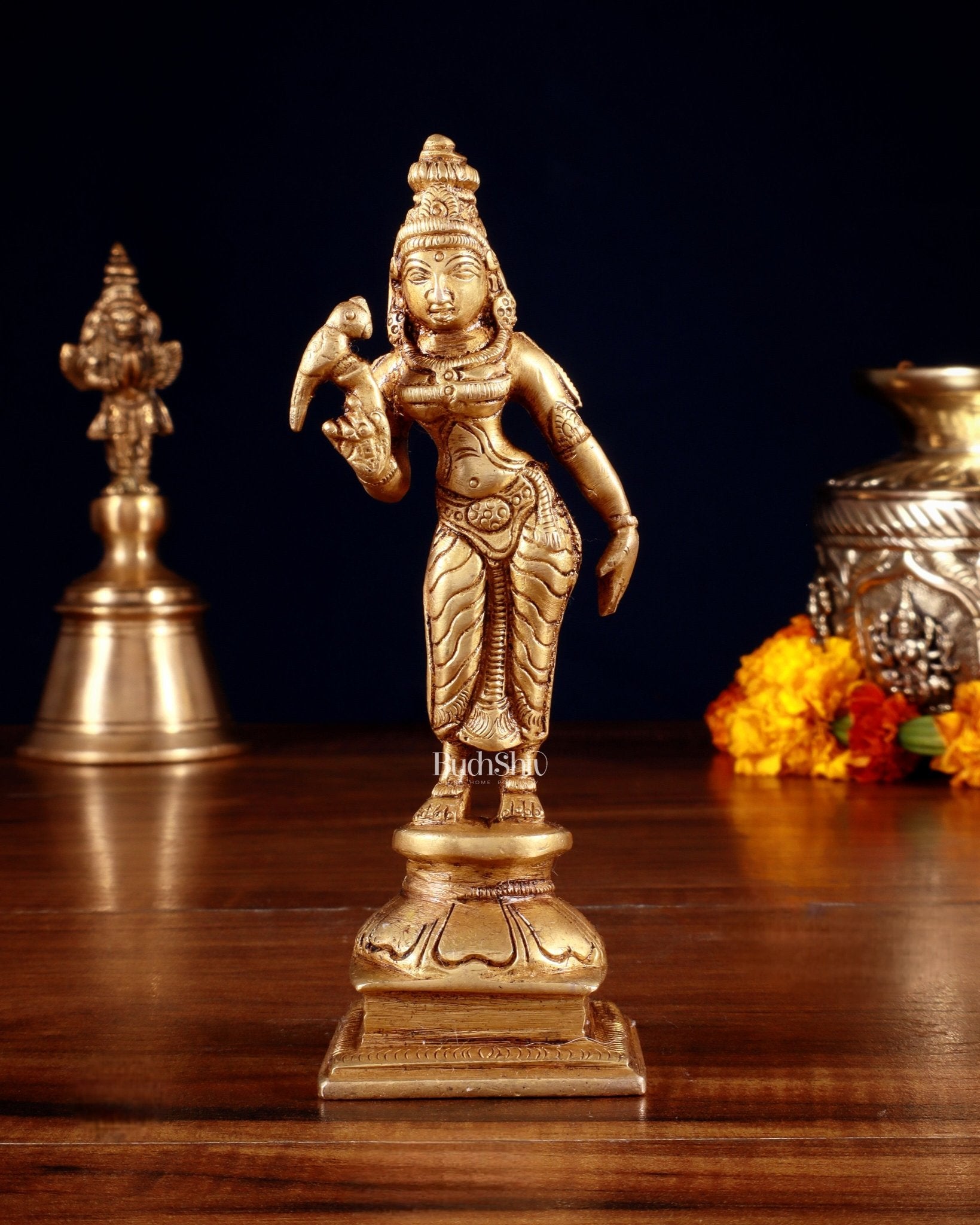 Pure Brass Goddess Meenakshi Idol 6" - Budhshiv.com