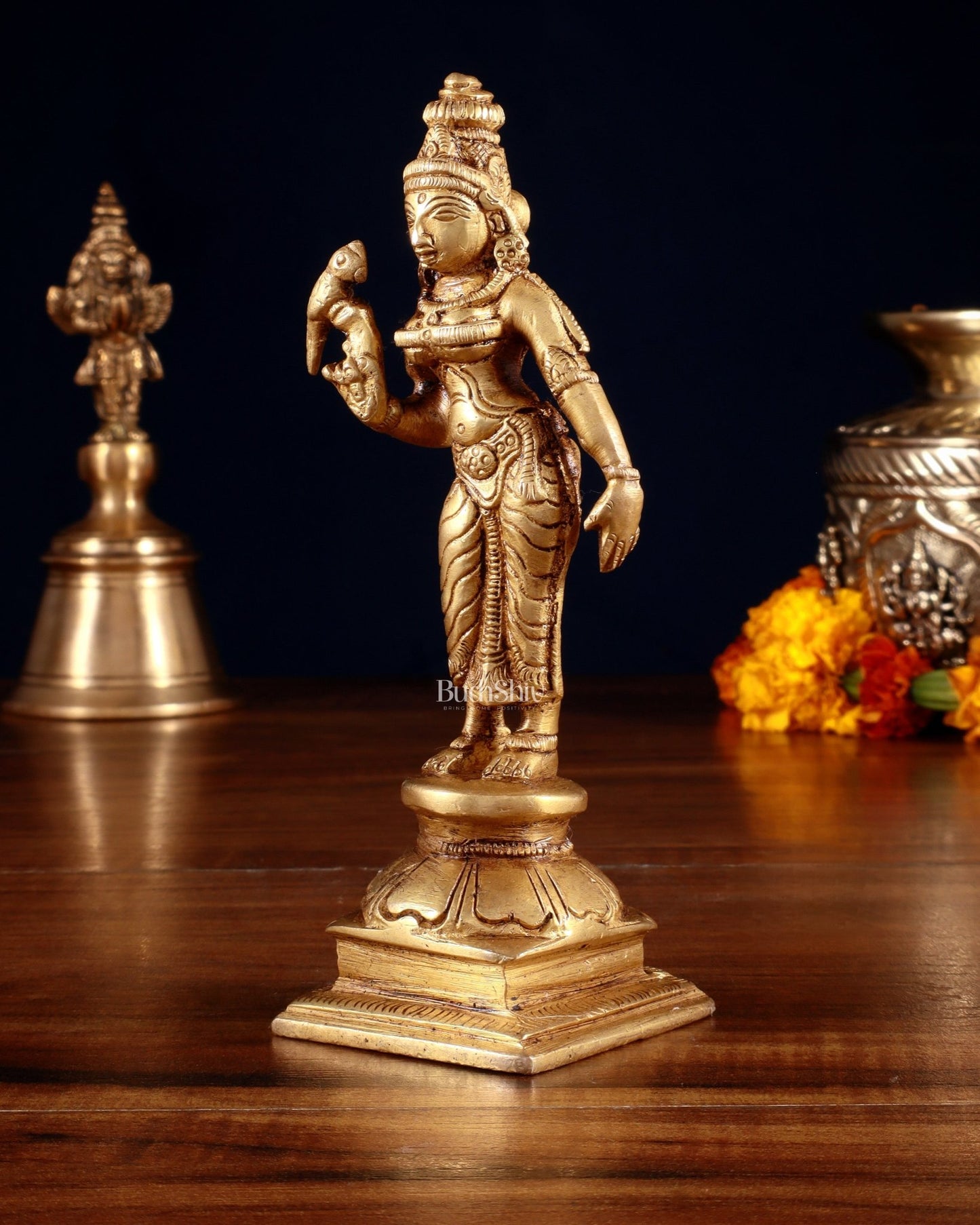 Pure Brass Goddess Meenakshi Idol 6" - Budhshiv.com