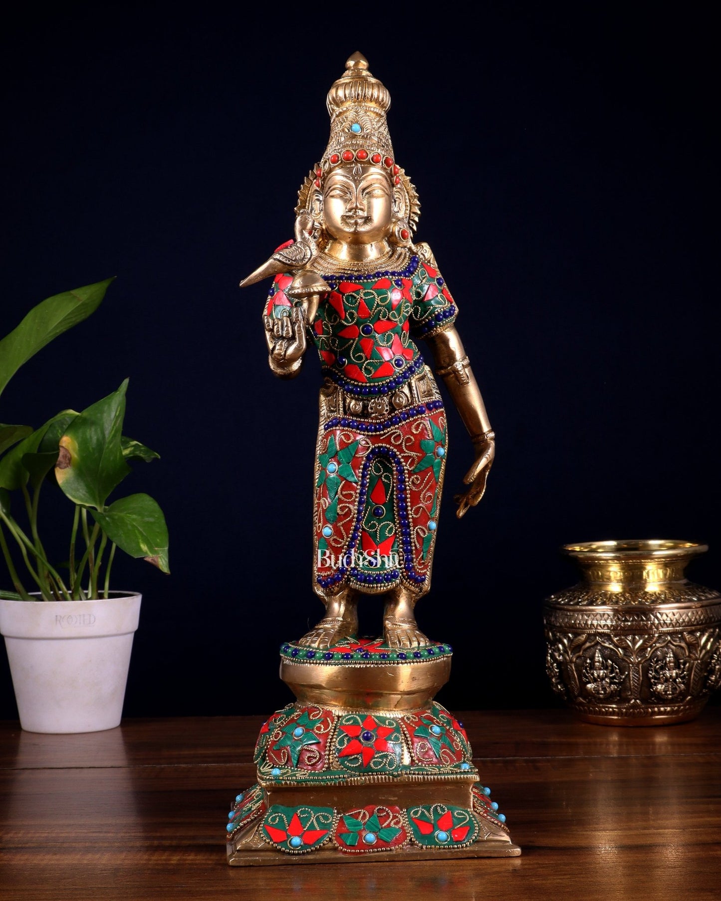 Pure Brass Goddess Meenakshi Statue – 15 Inch with stonework - Budhshiv.com