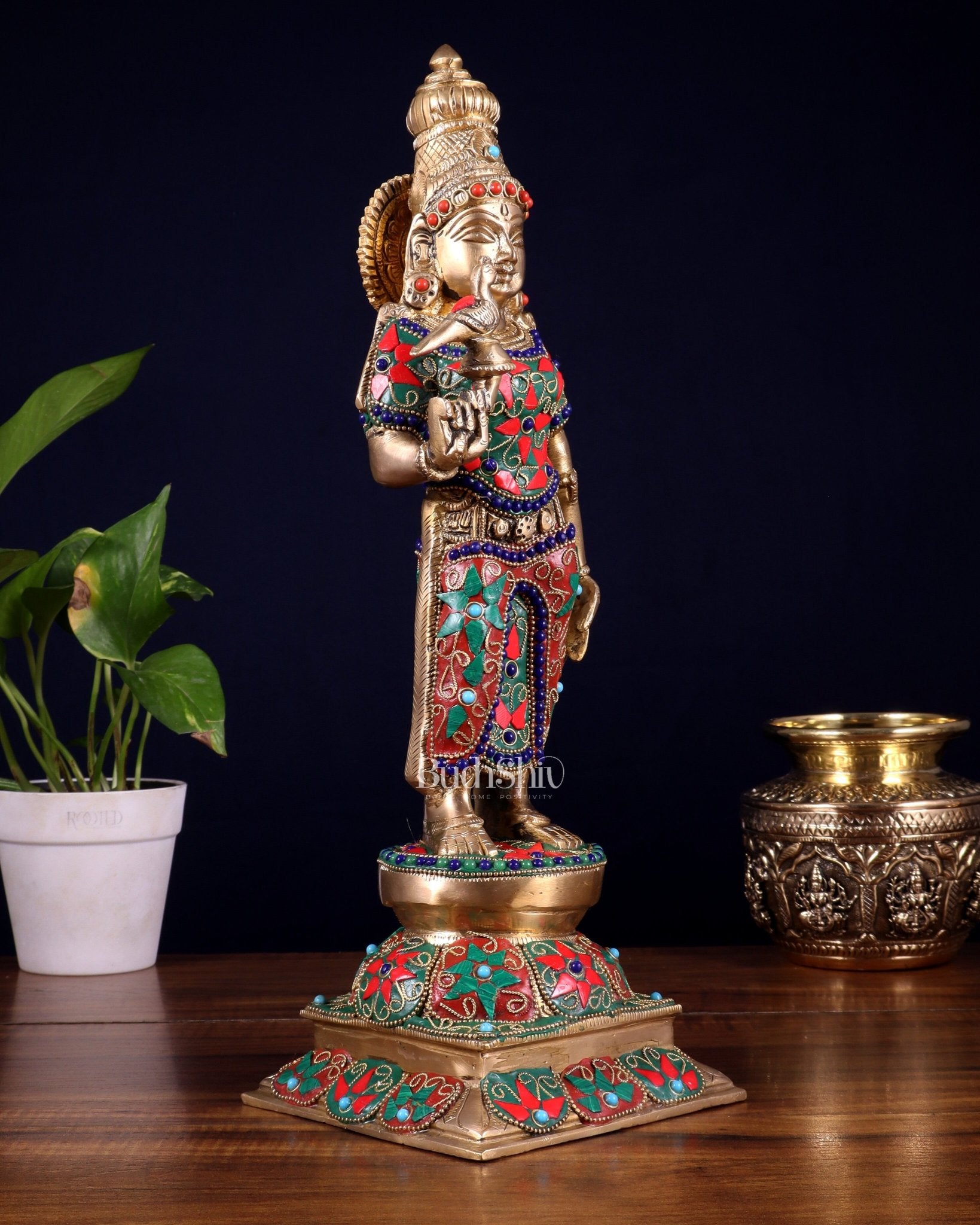 Pure Brass Goddess Meenakshi Statue – 15 Inch with stonework - Budhshiv.com