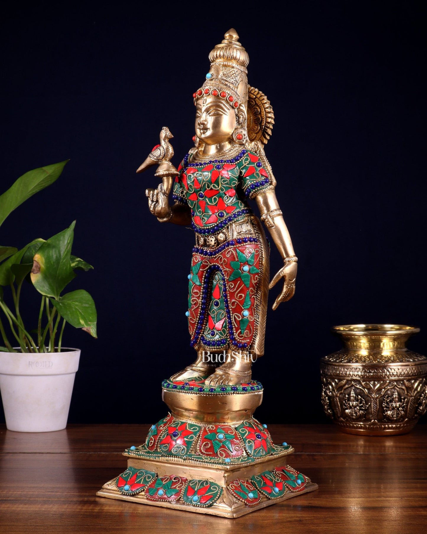 Pure Brass Goddess Meenakshi Statue – 15 Inch with stonework - Budhshiv.com