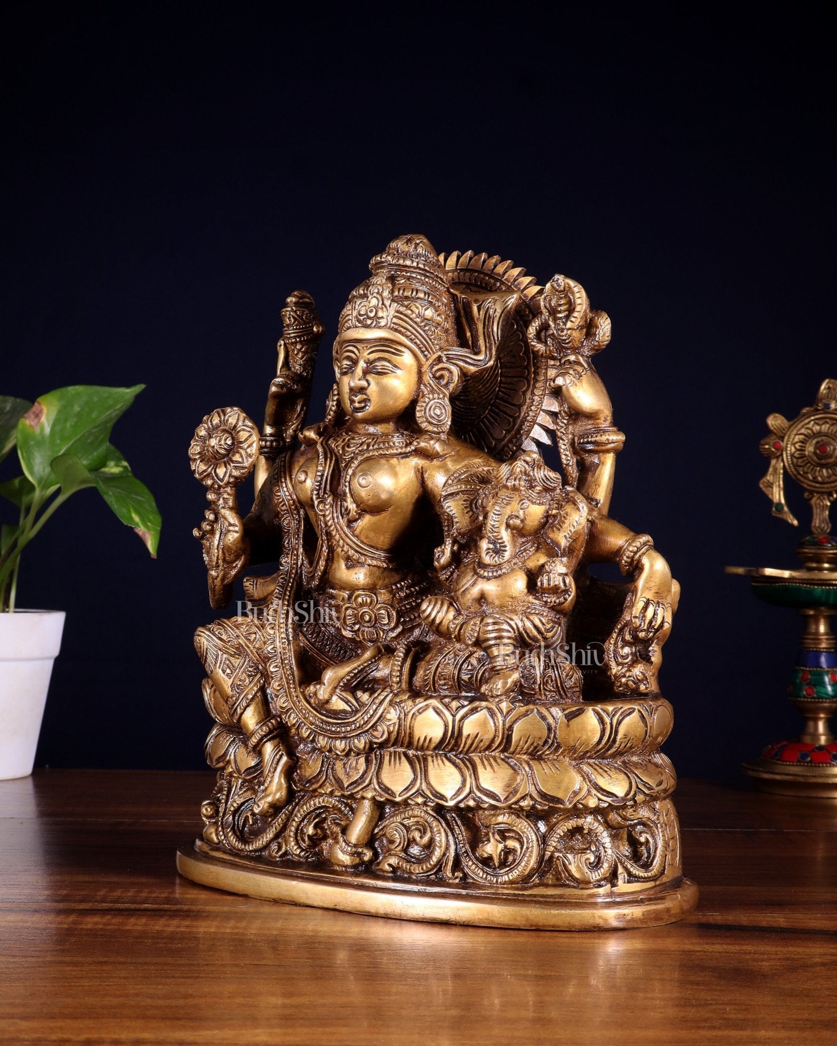 Pure Brass Goddess Parvati with Baby Ganesha Statue – 9 Inches - Budhshiv.com