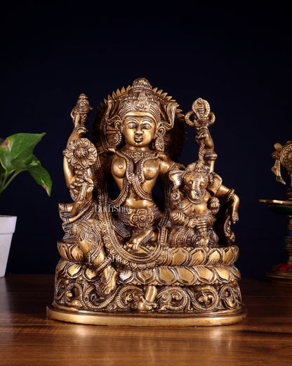 Pure Brass Goddess Parvati with Baby Ganesha Statue – 9 Inches - Budhshiv.com