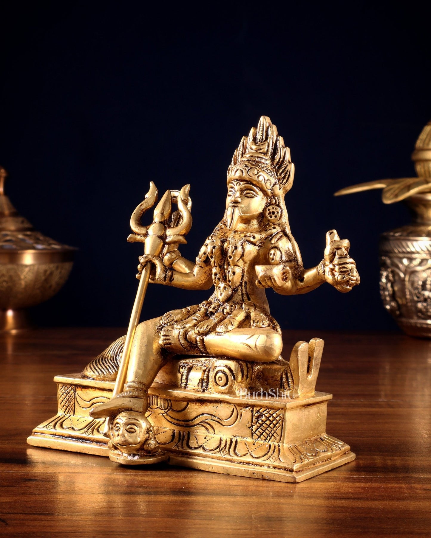 Pure Brass Goddess Samshana Kali Sitting Statue 6" - Budhshiv.com