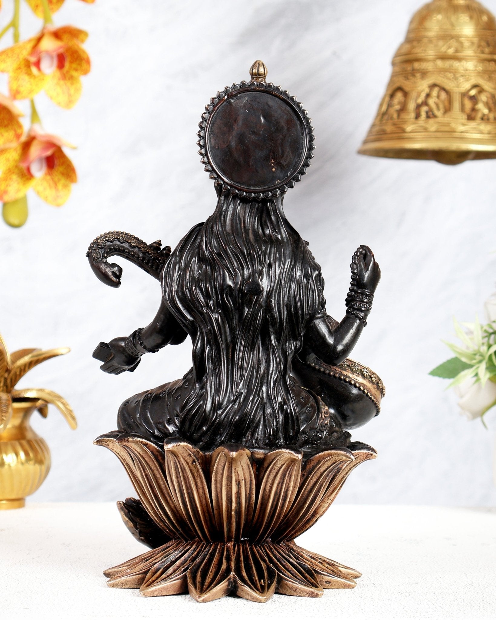 Pure Brass Goddess Saraswati Idol – 10 Inch black finish - Budhshiv.com
