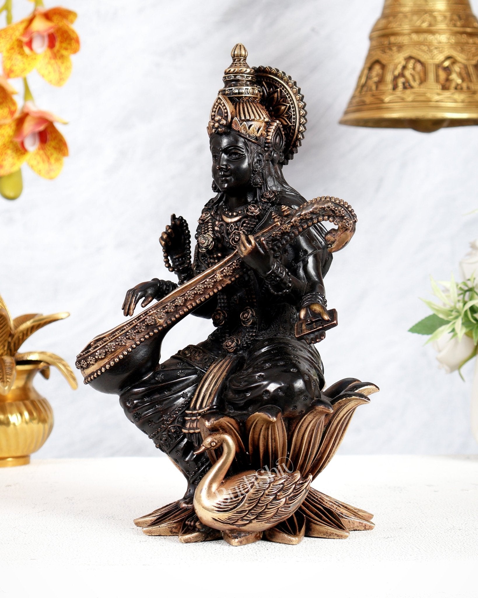 Pure Brass Goddess Saraswati Idol – 10 Inch black finish - Budhshiv.com