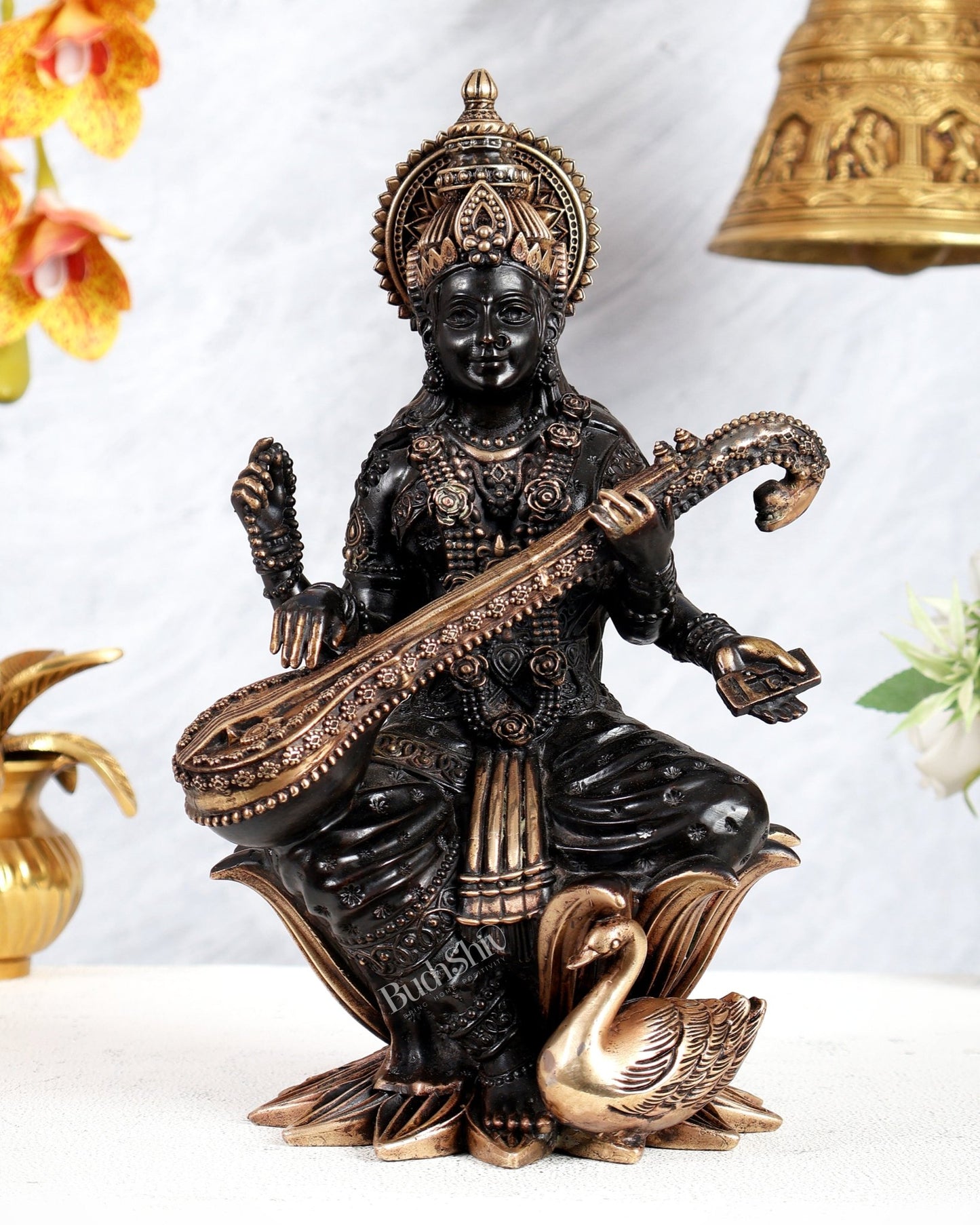 Pure Brass Goddess Saraswati Idol – 10 Inch black finish - Budhshiv.com