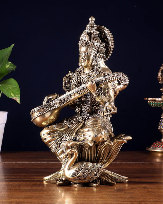 Pure Brass Goddess Saraswati Idol – 10 Inch | Intricately Handcrafted - Budhshiv.com