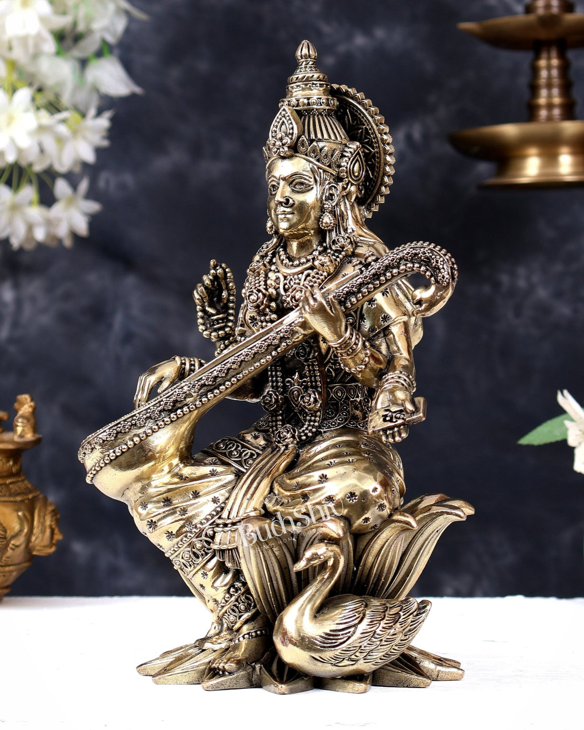 Pure Brass Goddess Saraswati Idol – 10 Inch | Intricately Handcrafted - Budhshiv.com