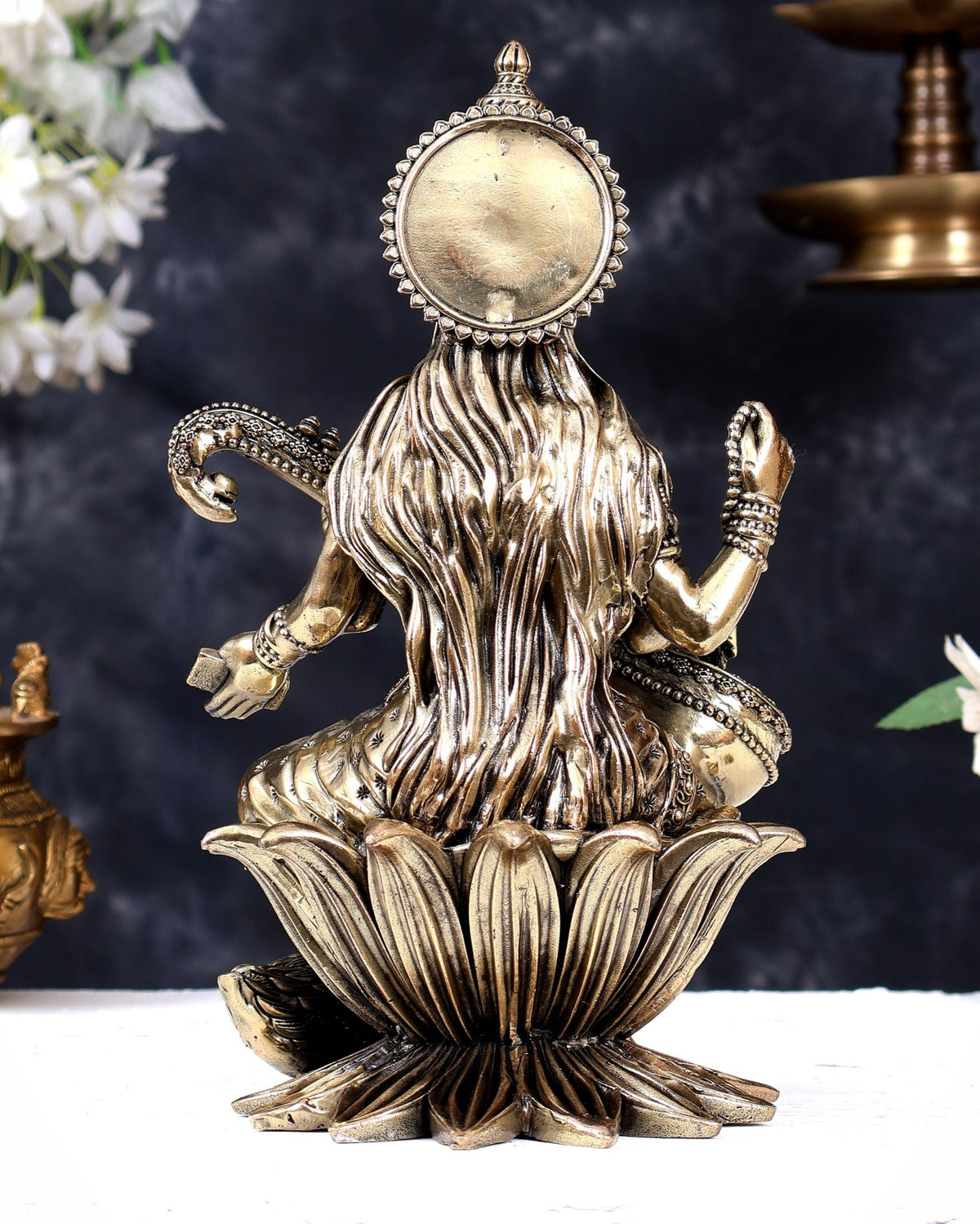 Pure Brass Goddess Saraswati Idol – 10 Inch | Intricately Handcrafted - Budhshiv.com