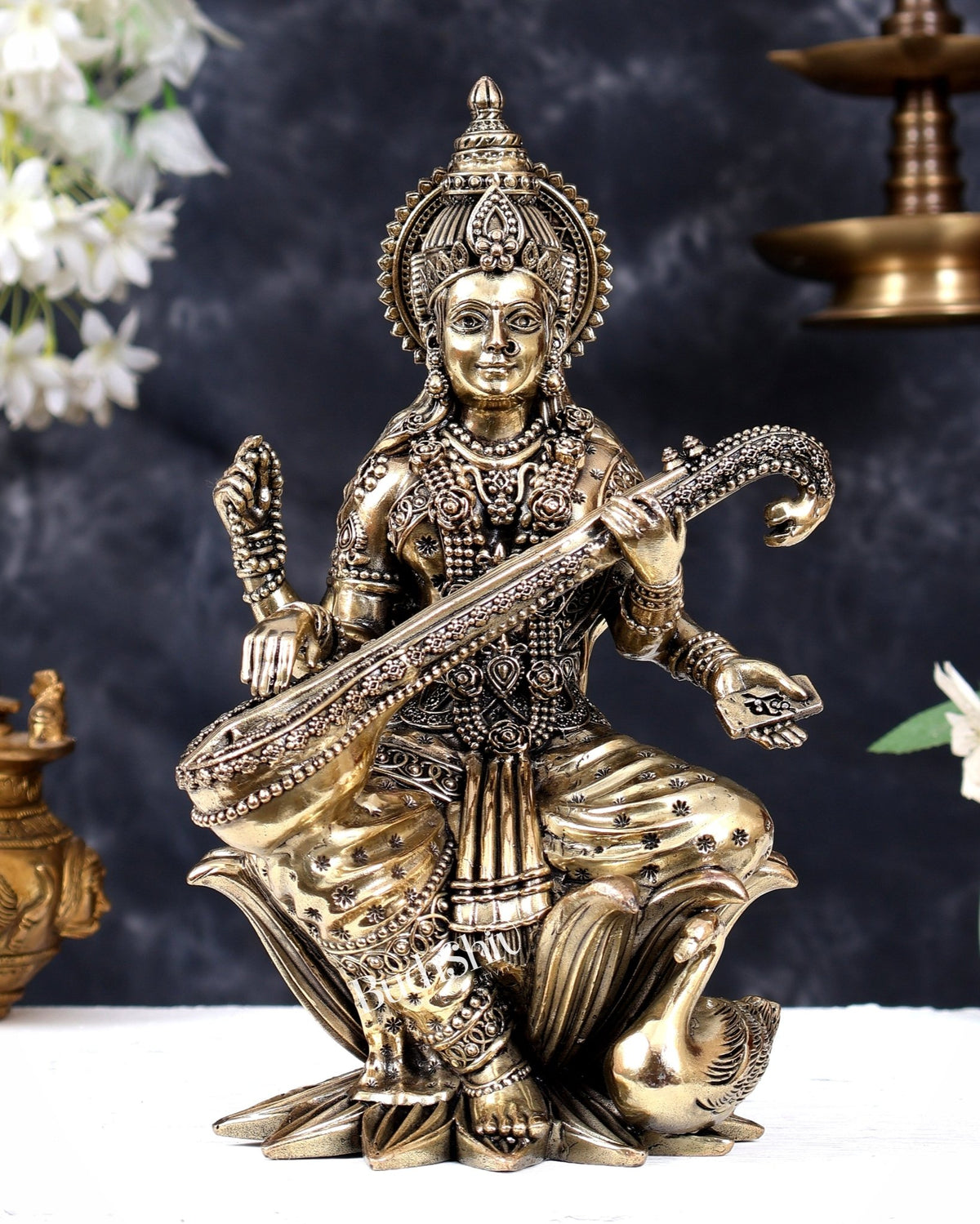 Pure Brass Goddess Saraswati Idol – 10 Inch | Intricately Handcrafted - Budhshiv.com