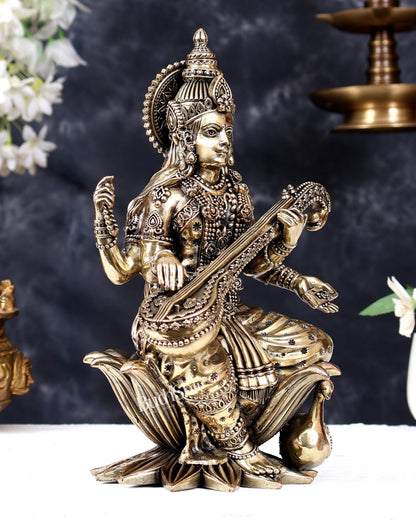 Pure Brass Goddess Saraswati Idol – 10 Inch | Intricately Handcrafted - Budhshiv.com