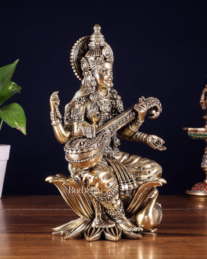 Pure Brass Goddess Saraswati Idol – 10 Inch | Intricately Handcrafted - Budhshiv.com