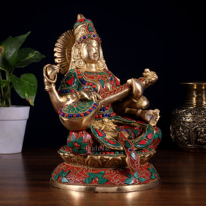 Pure Brass Goddess Saraswati Idol – Intricate Floral Stonework 9 Inch - Budhshiv.com