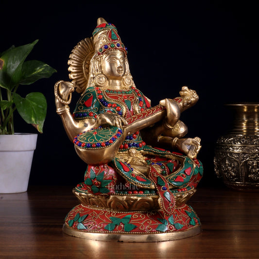 Pure Brass Goddess Saraswati Idol – Intricate Floral Stonework 9 Inch - Budhshiv.com