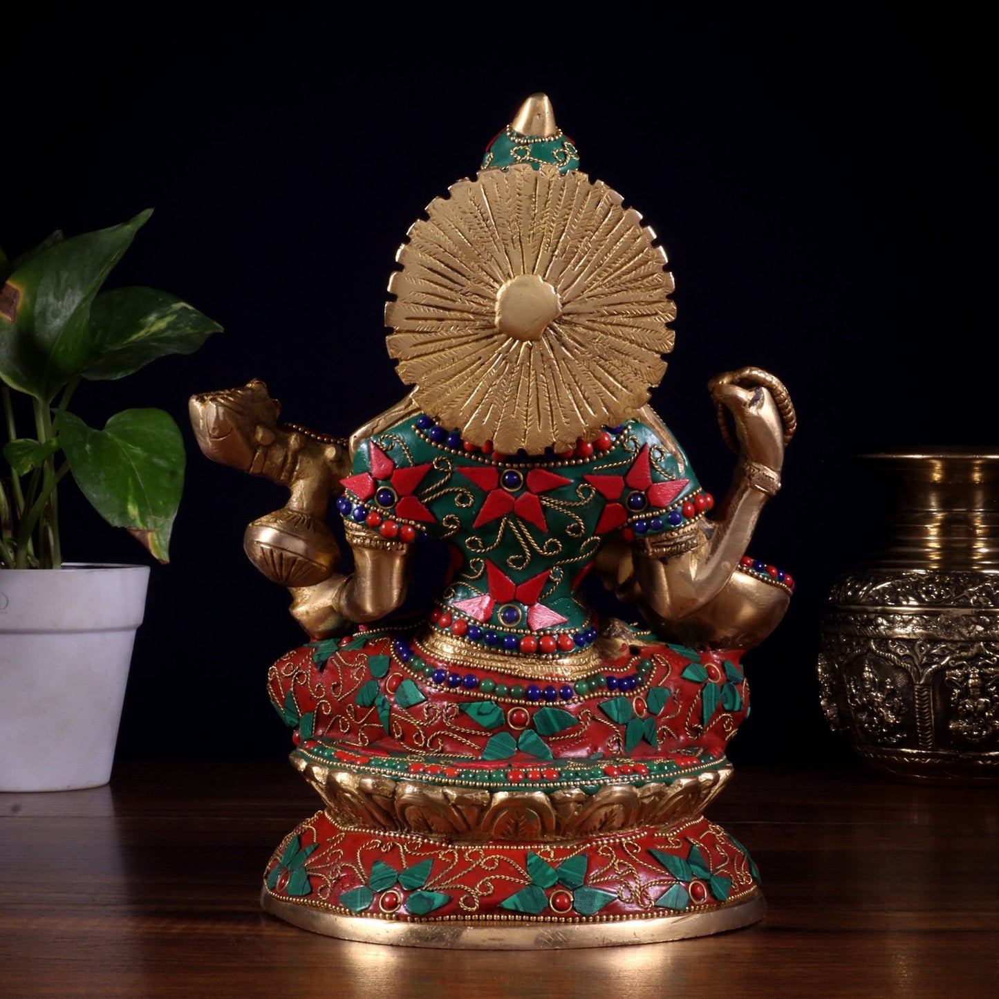 Pure Brass Goddess Saraswati Idol – Intricate Floral Stonework 9 Inch - Budhshiv.com
