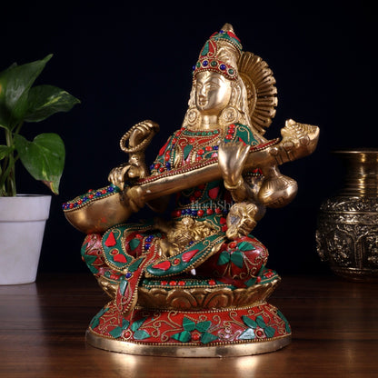 Pure Brass Goddess Saraswati Idol – Intricate Floral Stonework 9 Inch - Budhshiv.com