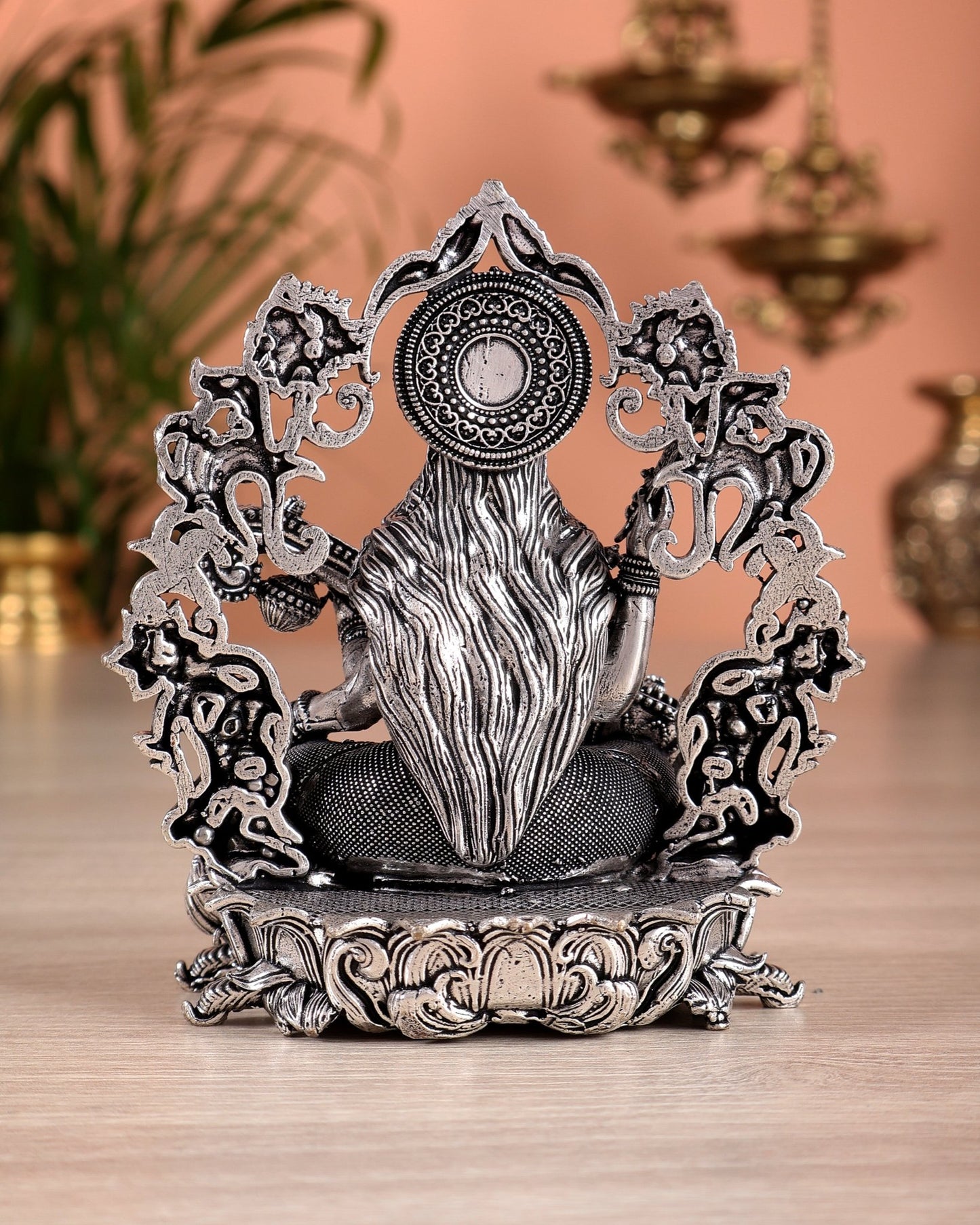 Pure Brass Goddess Saraswati Idol silver plated – 4” superfine - Budhshiv.com