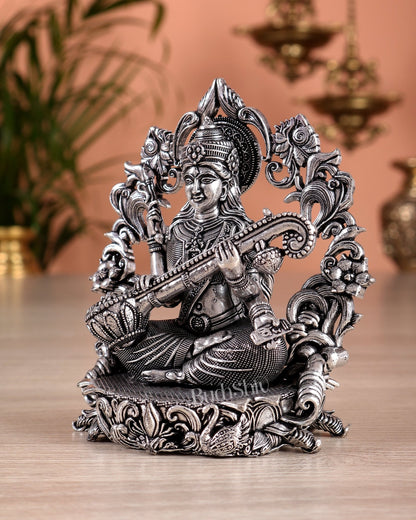 Pure Brass Goddess Saraswati Idol silver plated – 4” superfine - Budhshiv.com