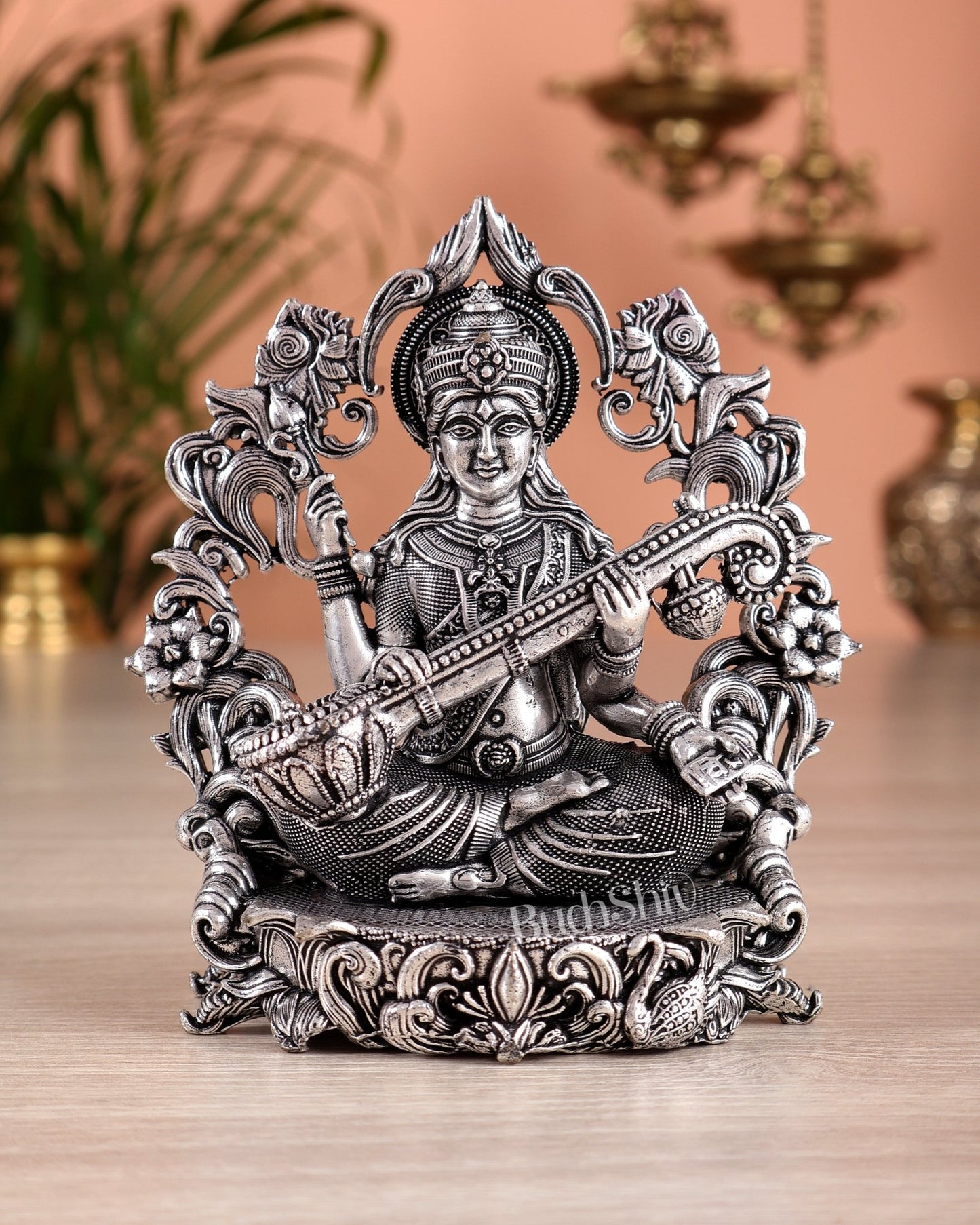 Pure Brass Goddess Saraswati Idol silver plated – 4” superfine - Budhshiv.com