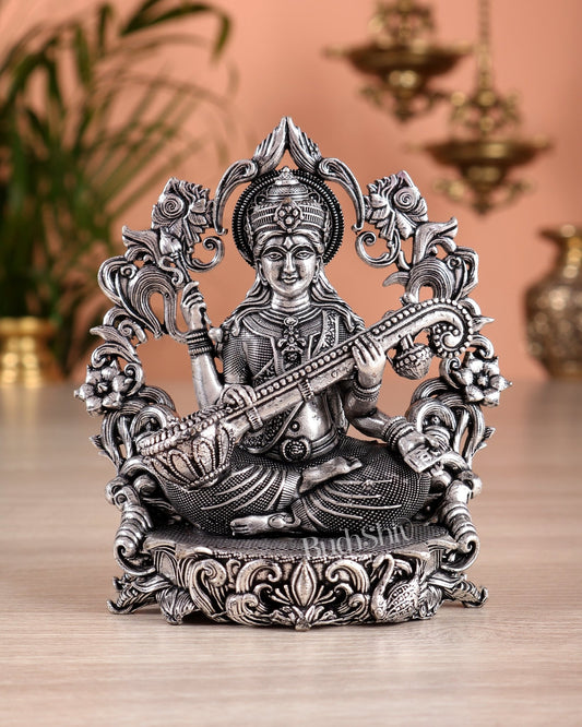 Pure Brass Goddess Saraswati Idol silver plated – 4” superfine - Budhshiv.com